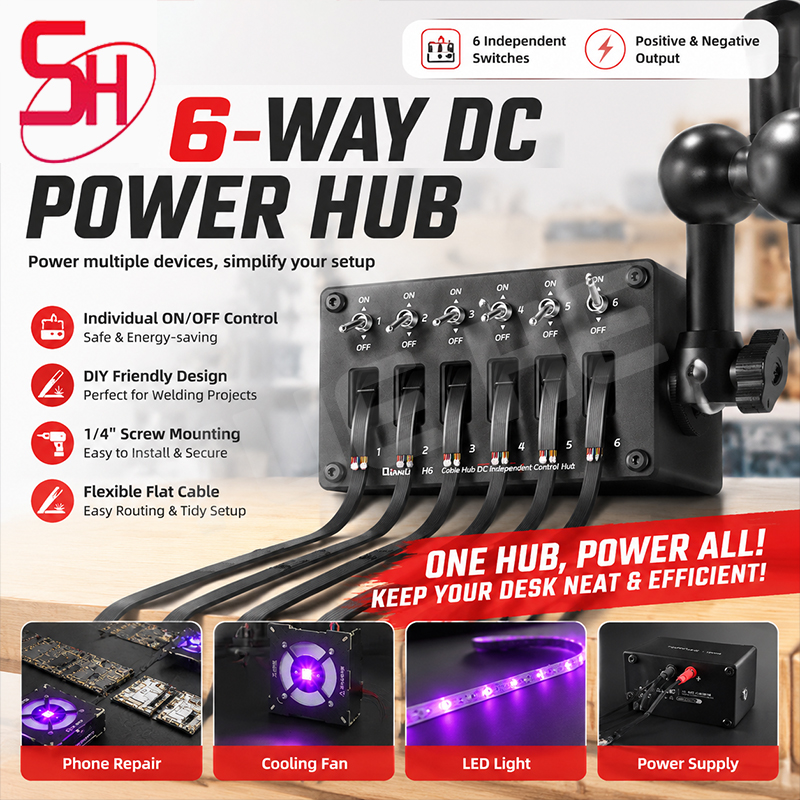 QianLi H6 6 ウェイ DIY 配電ハブ格納式ケーブル独立スイッチ電子機器修理用アルミ合金電源ドック