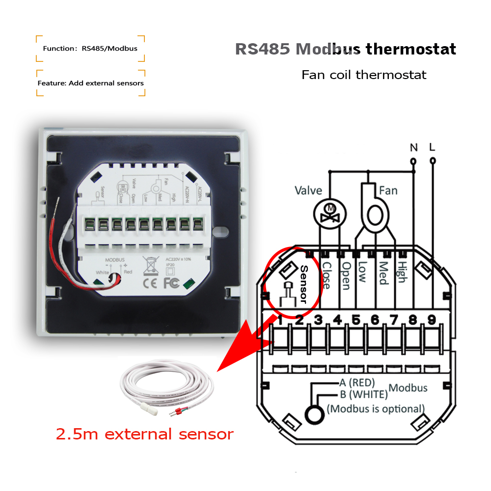 デュアルセンサーエアコンサーモスタットMODBUS RS485リモコン、冷却または加熱用の2パイプファンコイル温度調節器