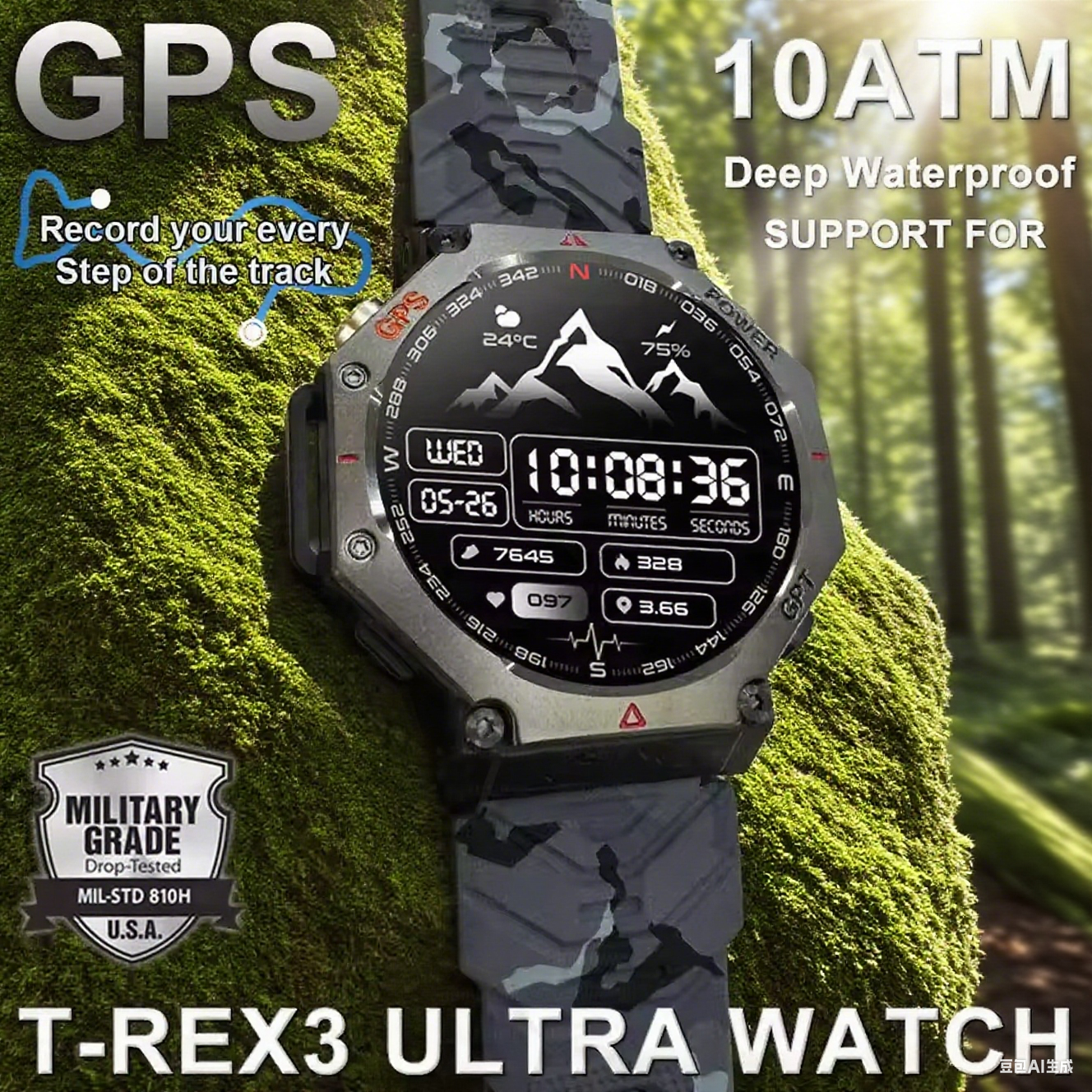 軍事スマートウォッチ T-Rex 3 Bulit-in GPS コンパス高度計気圧 10ATM IP69K 防水 AMOLED Bluetooth 通話スマートウォッチ