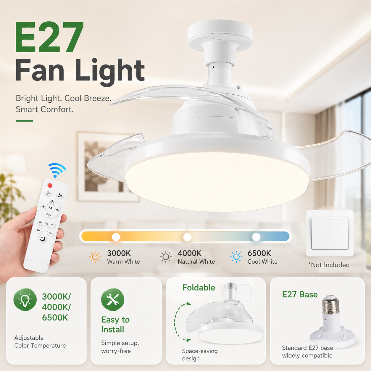 85-265v LED シーリングファンランプ付きポータブル 3 色サイレントシーリングファンランププラグインタイプホームルーム寝室 Lig に適した