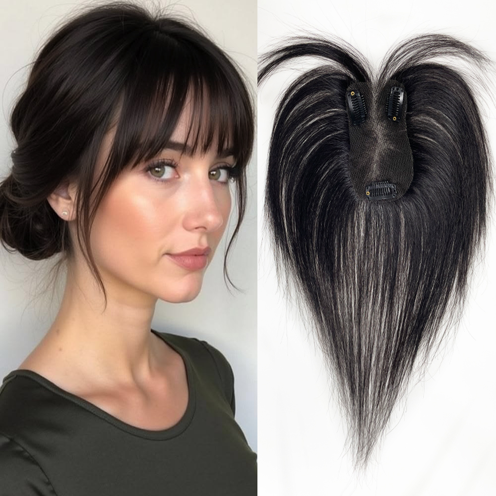7x11cm レースベース クリップインヘアピース うっすらとした前髪付き人毛トッパー シームレスな本物のヘアトッパー 手で結んでトップにボリュームを追加