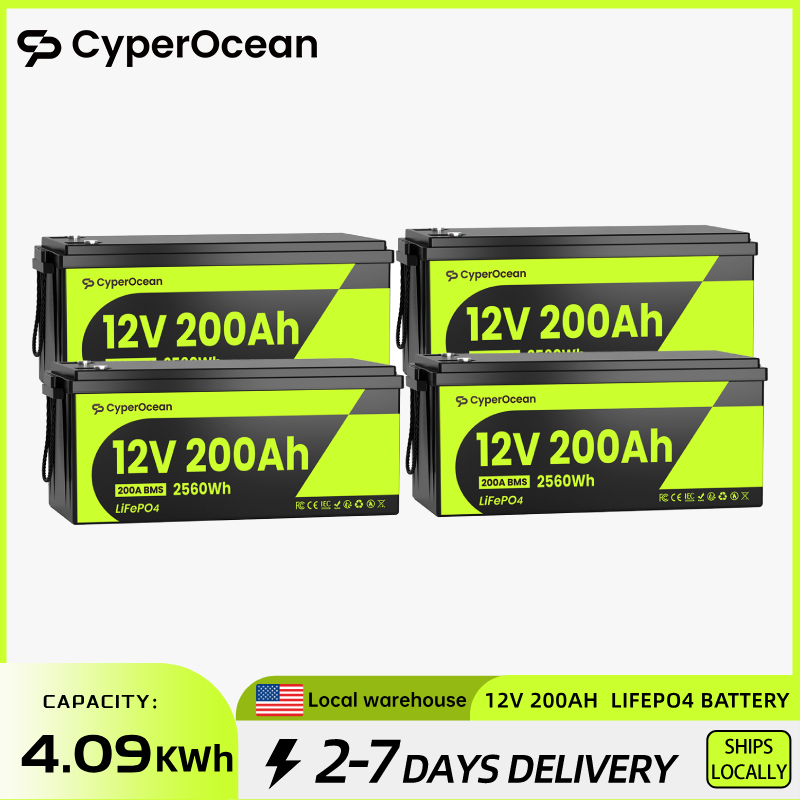 CyperOcean 200Ah Lifepo4 バッテリー 12V 4 パック ソーラー リチウムリン酸鉄バッテリー 充電式 200A BMS グレード A 15000 サイクル