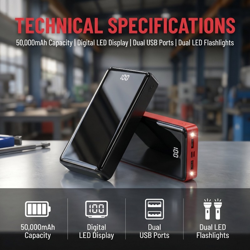 50000mAh 大容量ポータブル緊急電源バンク、懐中電灯照明機能付き LED デジタルディスプレイ、マルチ Type-C マイクロ USB ポート、アウトドアキャンプに必須のバックアップ電源
