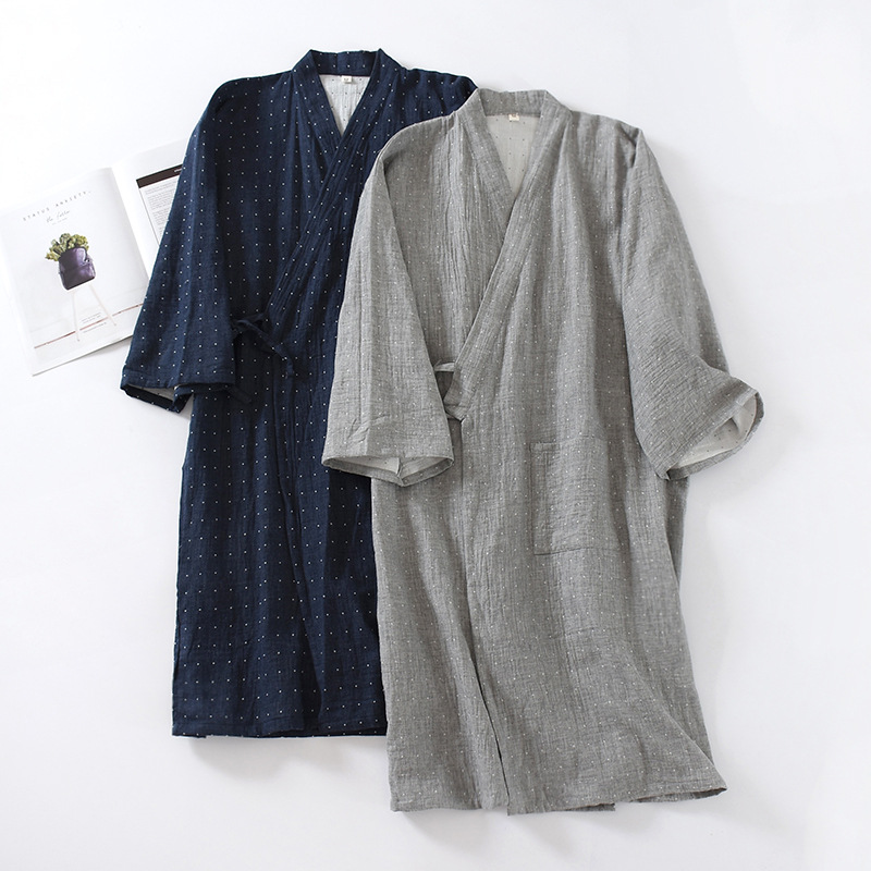 和風綿メンズ着物パジャマローブ春と夏の薄手と特大バスローブホーム服メンズパジャマ