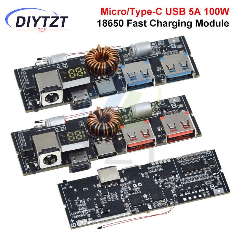 DIYTZT QC4.0 QC3.0 LED デュアル USB PD 高速充電 5A 100W マイクロ/タイプ C USB モバイルパワーバンク 18650 充電モジュール