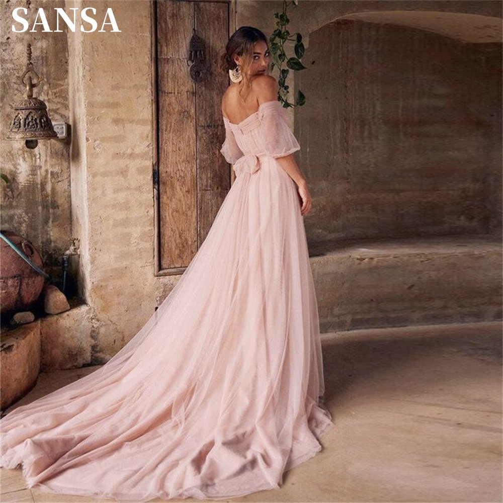 Sansa Elegant Puffy Sleeve A-line فساتين السهرة Sweet Off Shoulder Vestidos De Noche Romantic Pink Wedding After Party Dresses