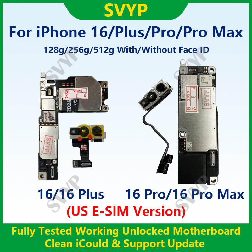 完全にテスト済みの 100% 動作するマザーボード iPhone 16 Pro Max メインボード、Face ID ロック解除およびクリーニング済み iCloud US E-SIM バージョン付き