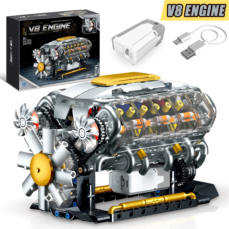 テクニカル機械電気 V8 エンジンビルディングブロックシミュレーション車のエンジン MOC レンガ科学教育おもちゃ子供大人のギフト