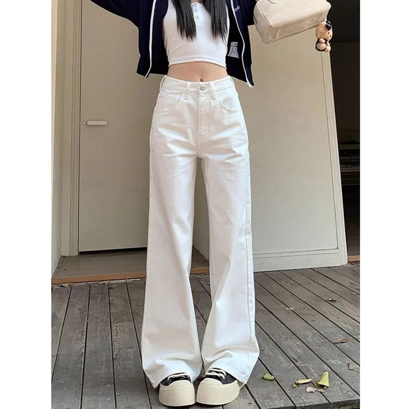 ZHIO ハイウエストホワイトジーンズ女性のための新しいシンプルなオールマッチルーズストレートデニムパンツ秋冬カジュアルワイドレッグパンツ