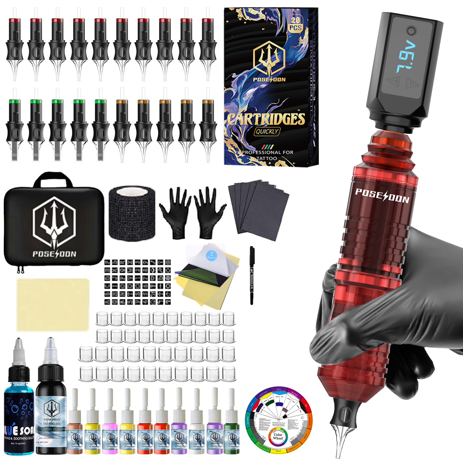 ポセイドンタトゥーキット V5 タトゥーペンキットアートメイク用タトゥーマシンキット新レッドワイヤレスタトゥー電源タトゥーガン Ki