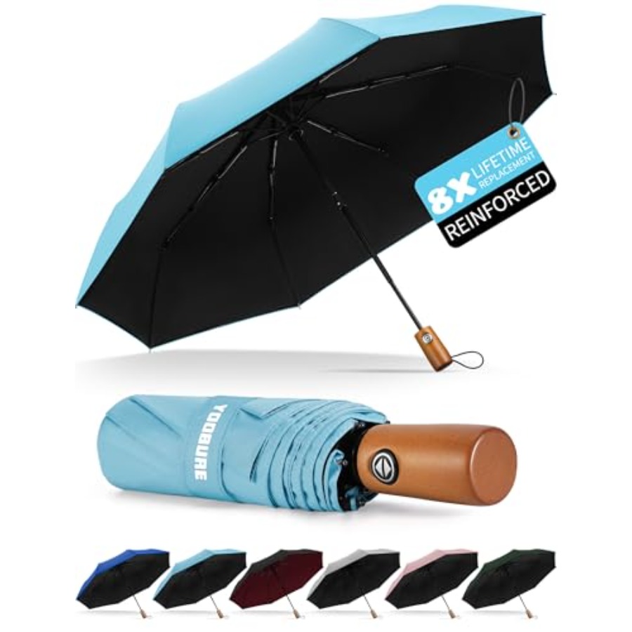 Yoobure 防風トラベル傘 木製ハンドル付き - 雨と紫外線から守る自動傘、コンパクトな46インチの大型カノ