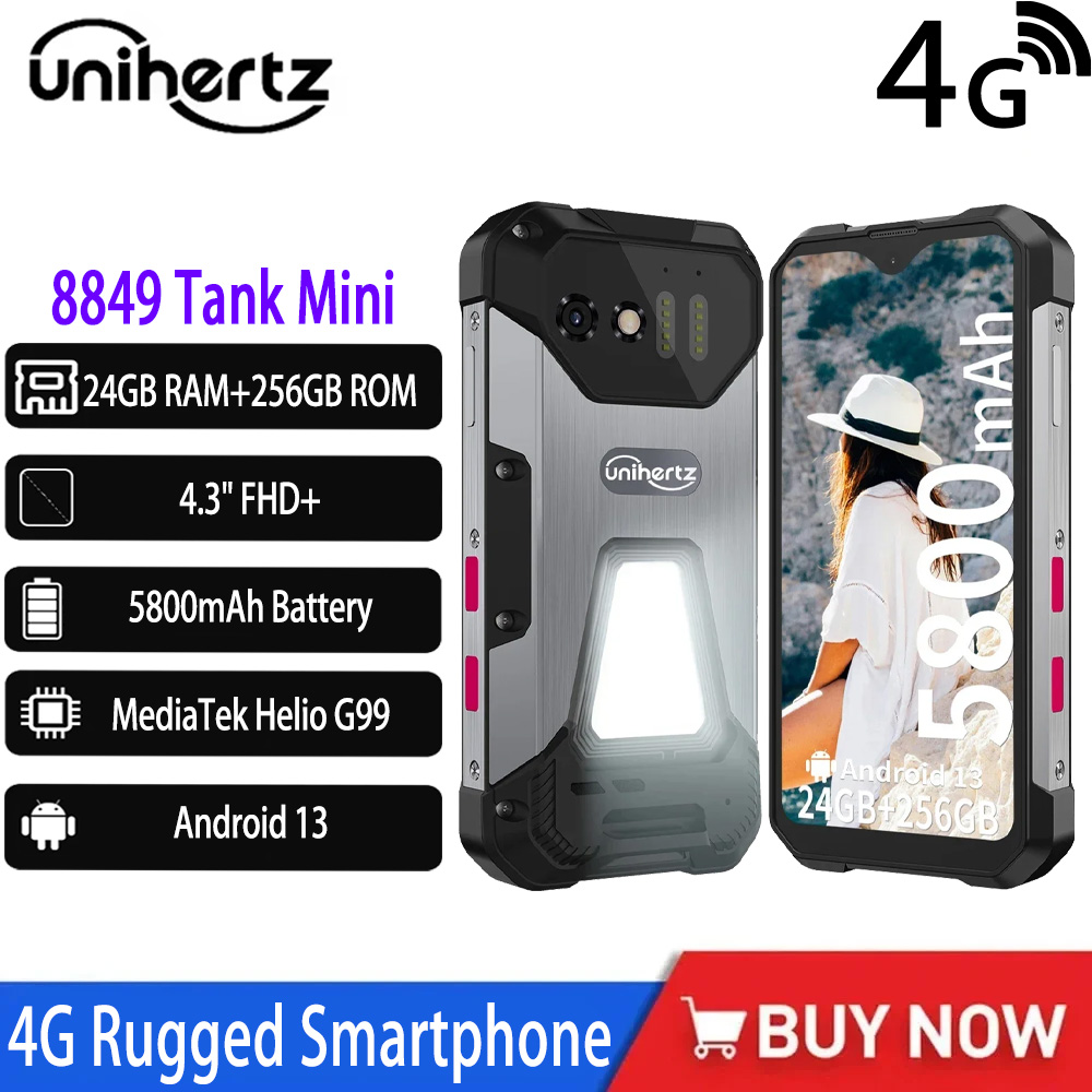 新しい Unihertz 8849 タンクミニ頑丈なスマートフォン 4 グラム 12 ギガバイト 256 ギガバイト 4.3 "FHD ディスプレイ Helio G99 アンドロイド 13 5800mAh 100MP 携帯電話