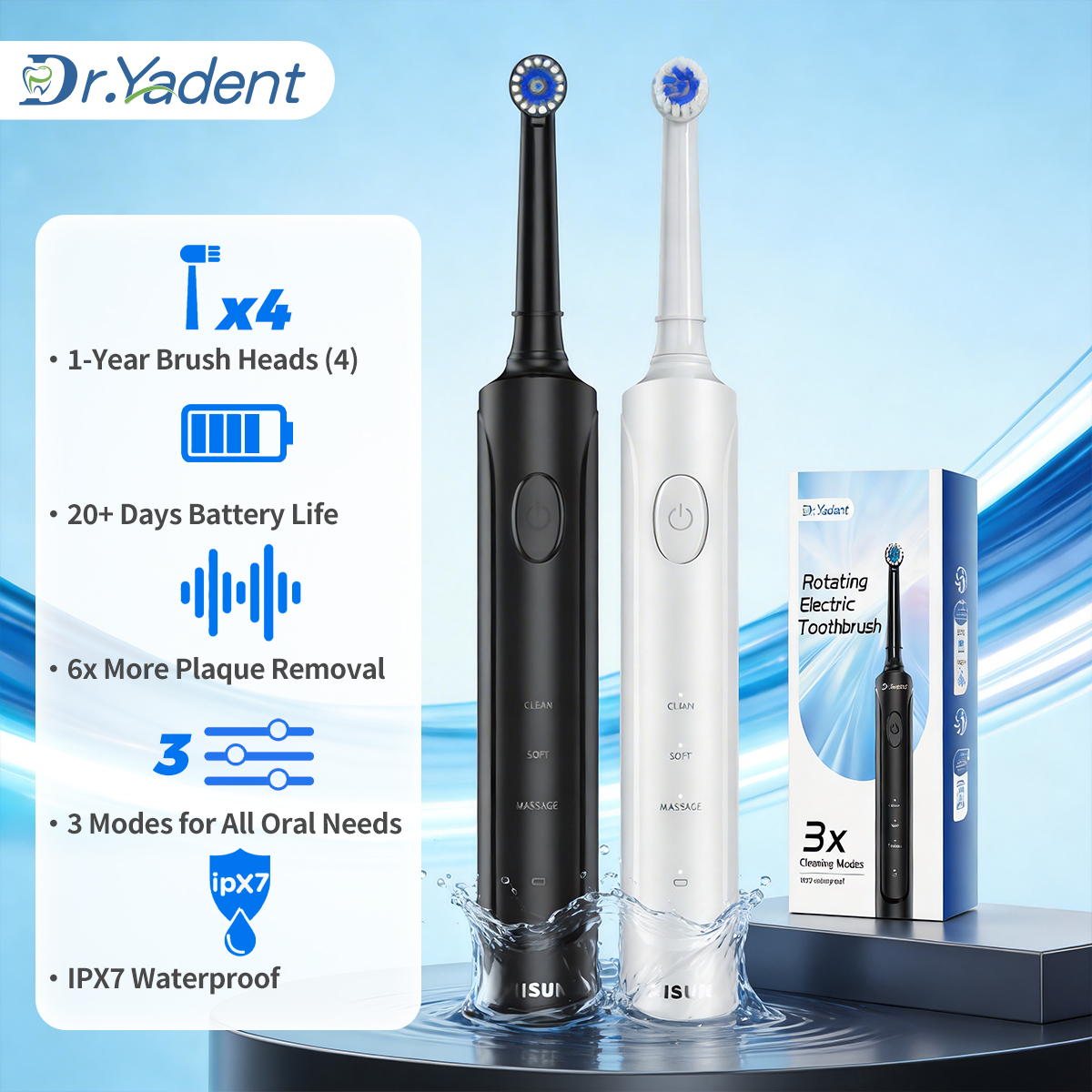 DrYadent 回転歯ブラシ YD2233 3 つのインテリジェンス モードを備えた 2 分間のスマート タイマー 4 つのブラシ ヘッドで長時間使用可能 歯ぐきのケア