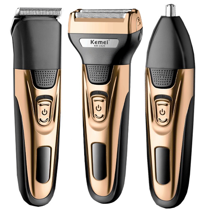 Kemei 3in1 グルーミングキット電気シェーバー男性用ひげトリマーボディ鼻耳シェービングマシン顔かみそり充電式
