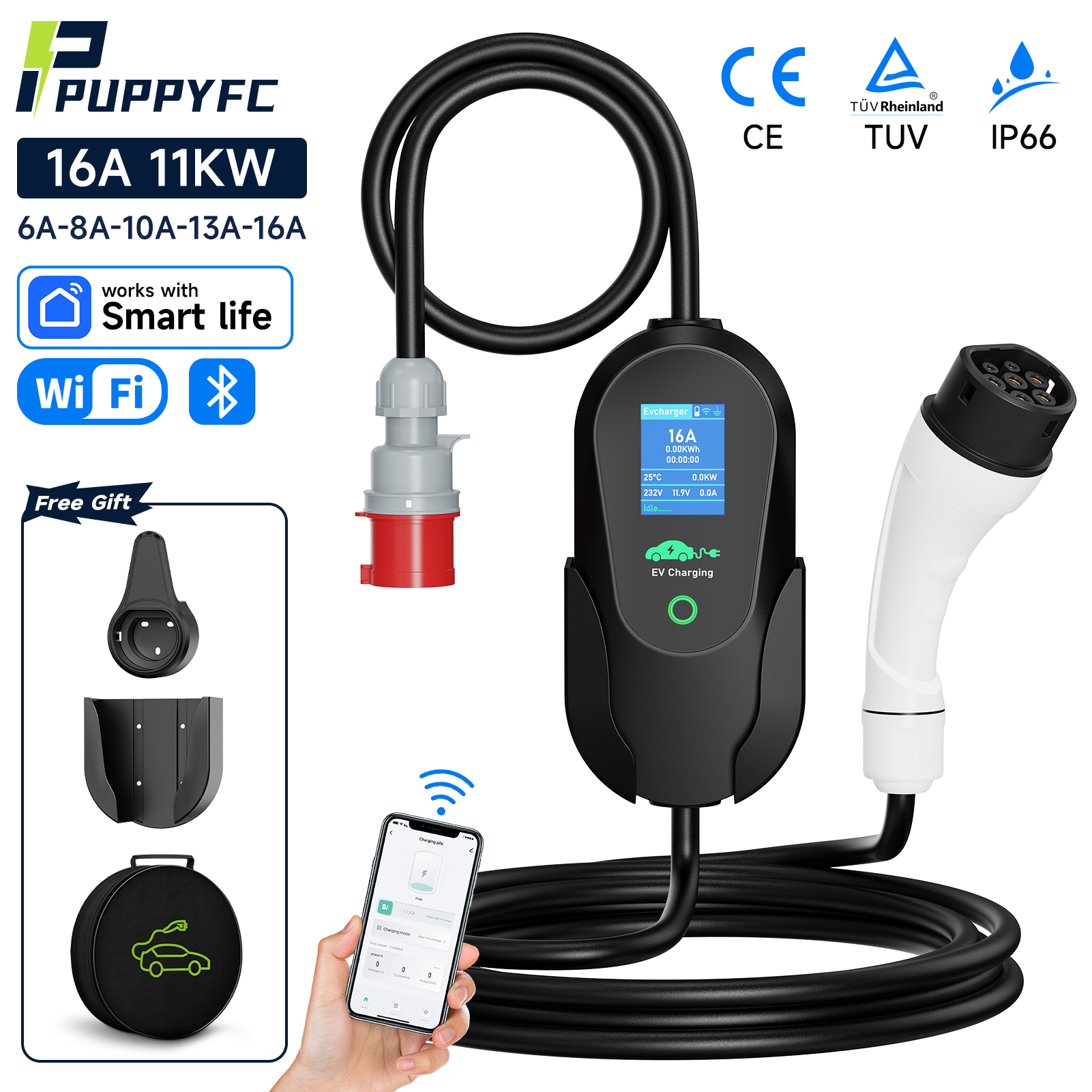 Puppyfc 11KW Type2 ポータブル EV 充電器 16A GBT 電気自動車充電ケーブル WiFi 制御 CEE プラグ高速家庭用/商業用