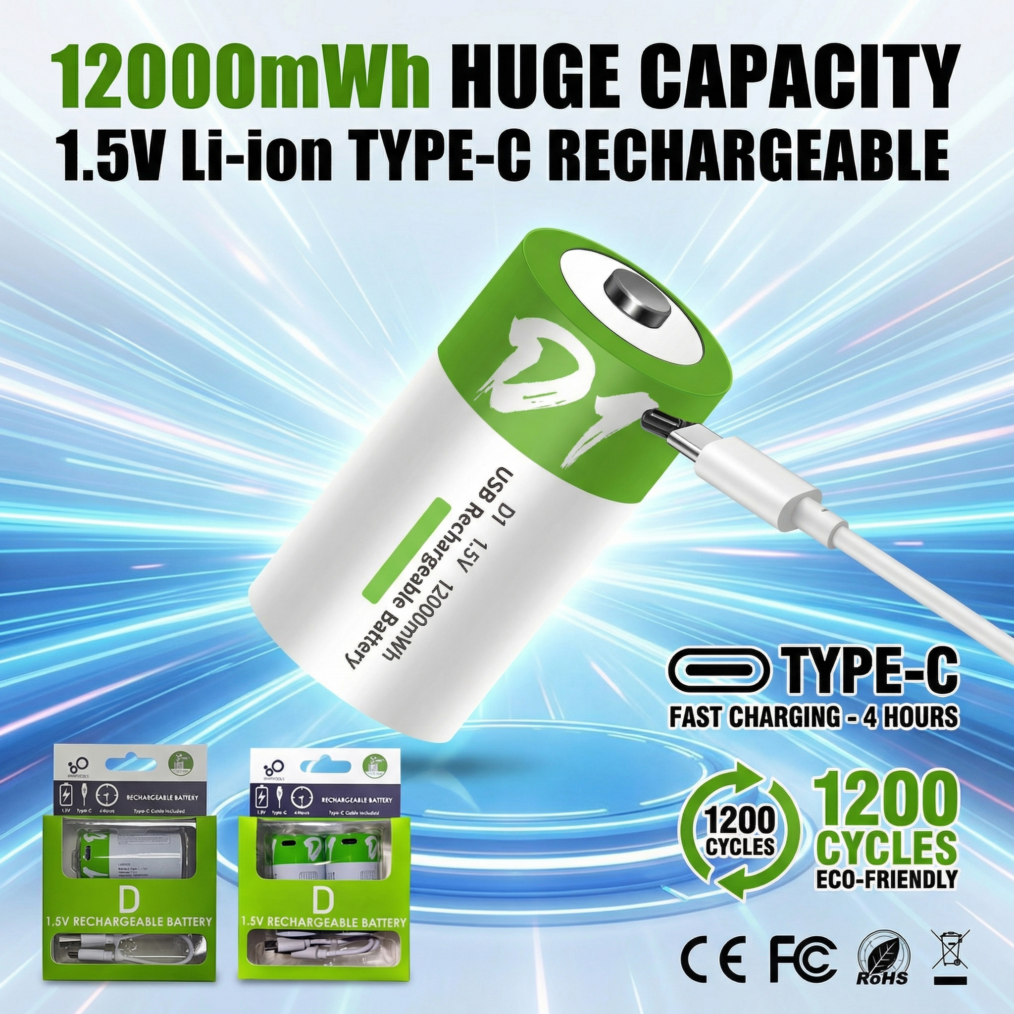 1.5V LR20 D1 Lithium Rechargeable Battery High Capacity 12000mWh, Fast Charging Type-C Cord  For Gas Stove Flashlight Devices