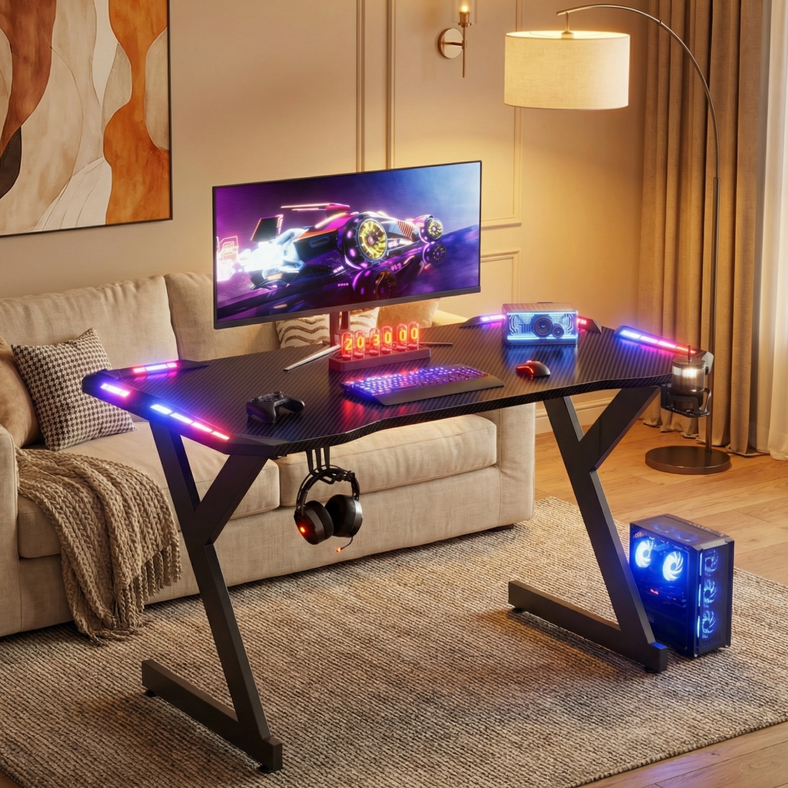 RGB LED ライト付き Y 字型ゲーミングデスク、人間工学に基づいたカーボンファイバー製表面 PC ワークステーション テーブル、ヘッドフォン フック付き