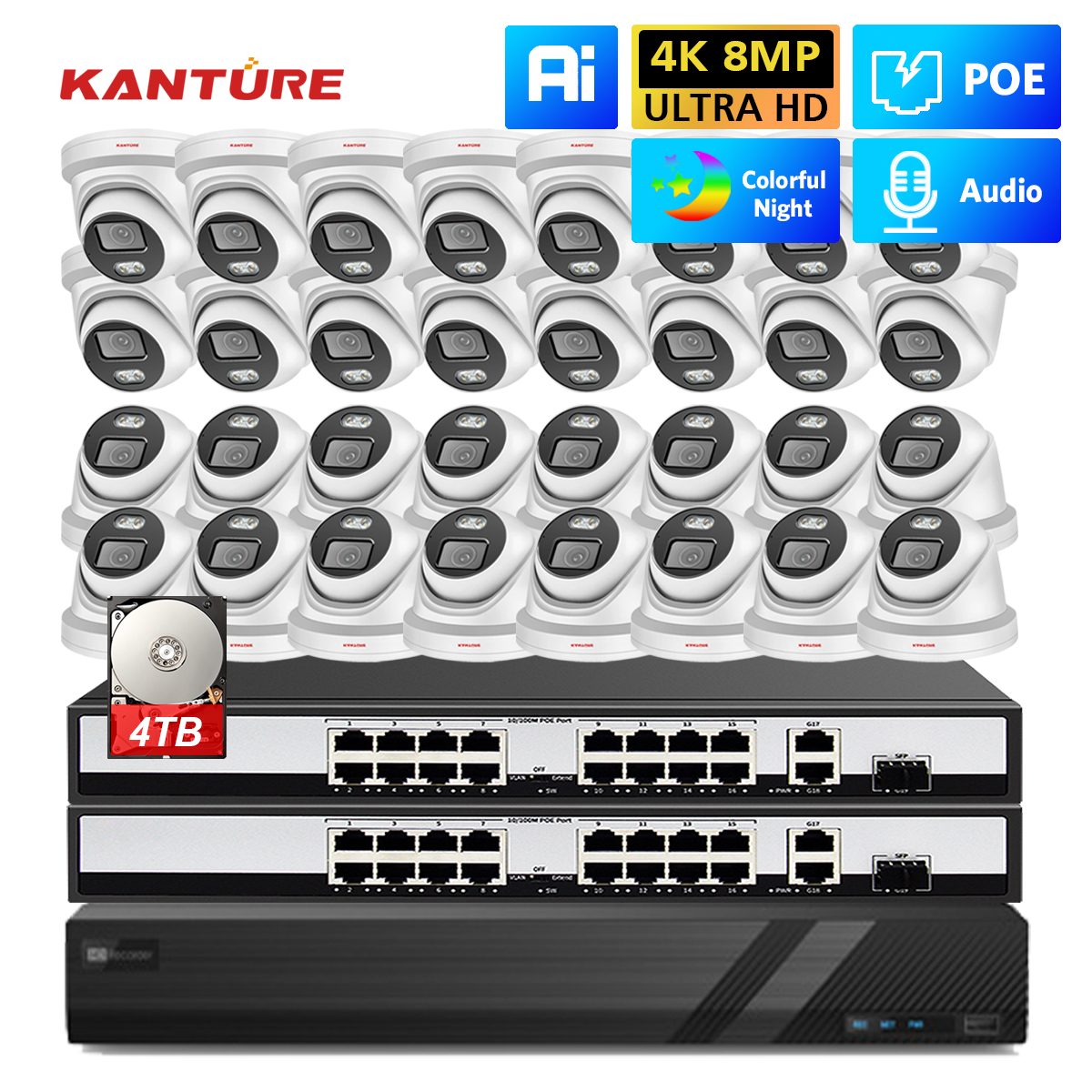 KANTURE 32CH 4K CCTV セキュリティカメラシステム POE 8MP ウルトラ HD 防水ドームビデオ監視キットカラーナイトビジョンカメラ
