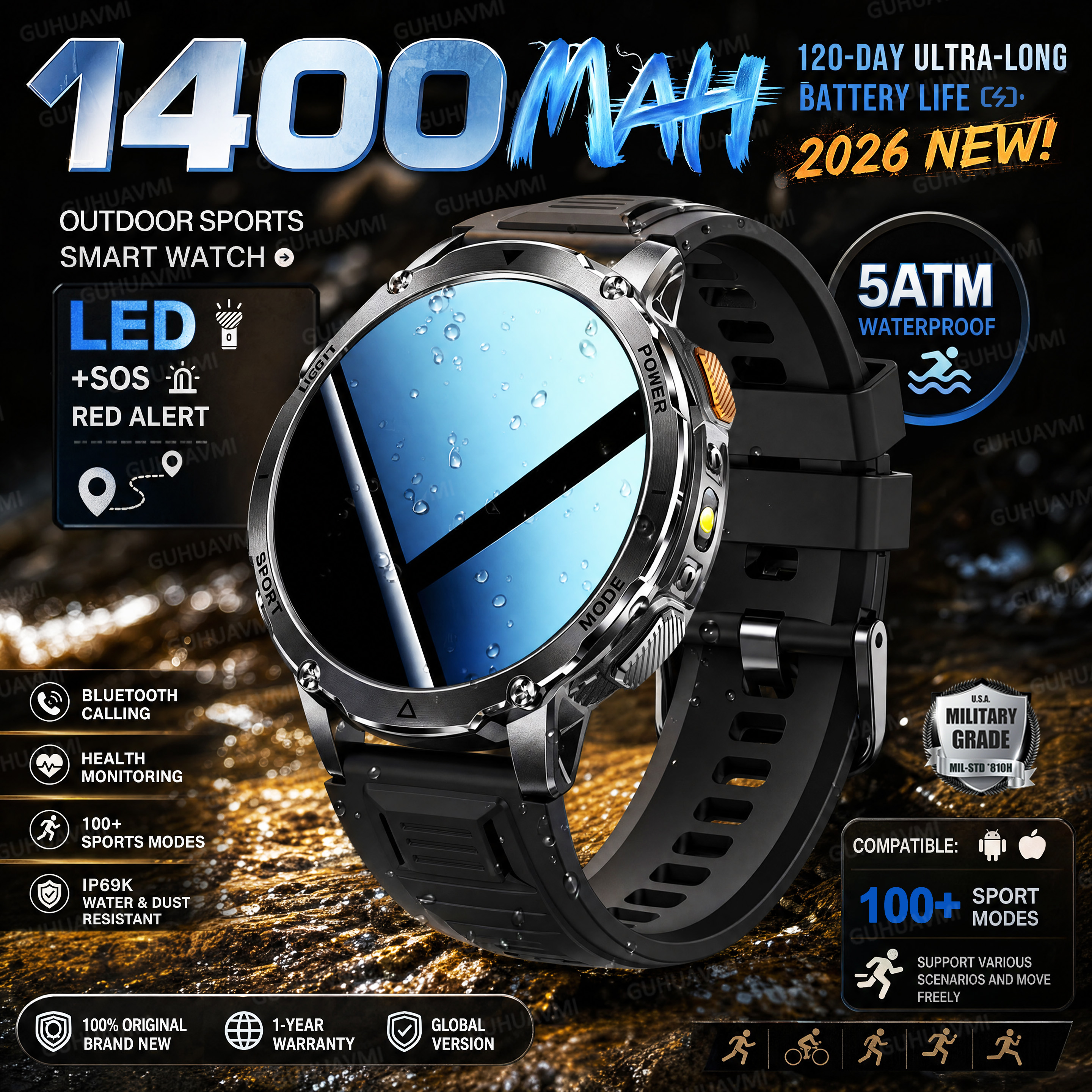 2026 新軍事 1400mAh バッテリースマートウォッチ男性 1.7 インチサファイアガラス 5ATM 防水懐中電灯スポーツ Bluetooth 通話 Watc