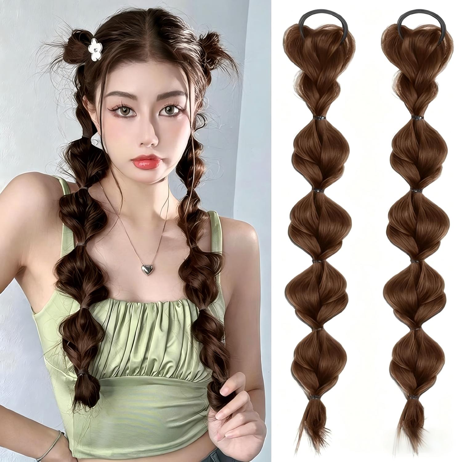 2 個バブル編組ポニーテールヘアエクステンション合成三つ編みかつら弾性ヘアバンドヘアピース女性女の子のための