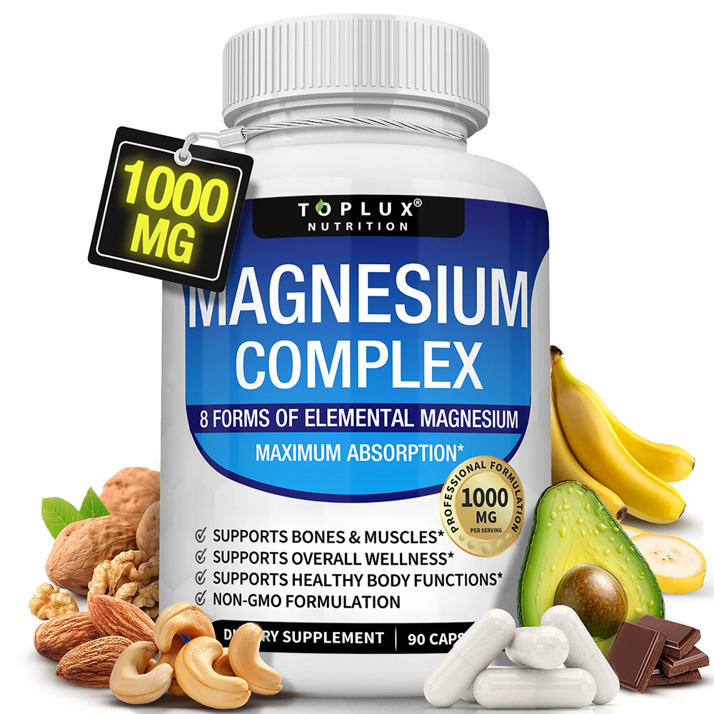 マグネシウム コンプレックス サプリメント 1000mg - グリシン酸マグネシウム、クエン酸塩、リンゴ酸塩、タウリン酸マグネシウム、骨、筋肉、エネルギーに 90 ビーガン カプセル