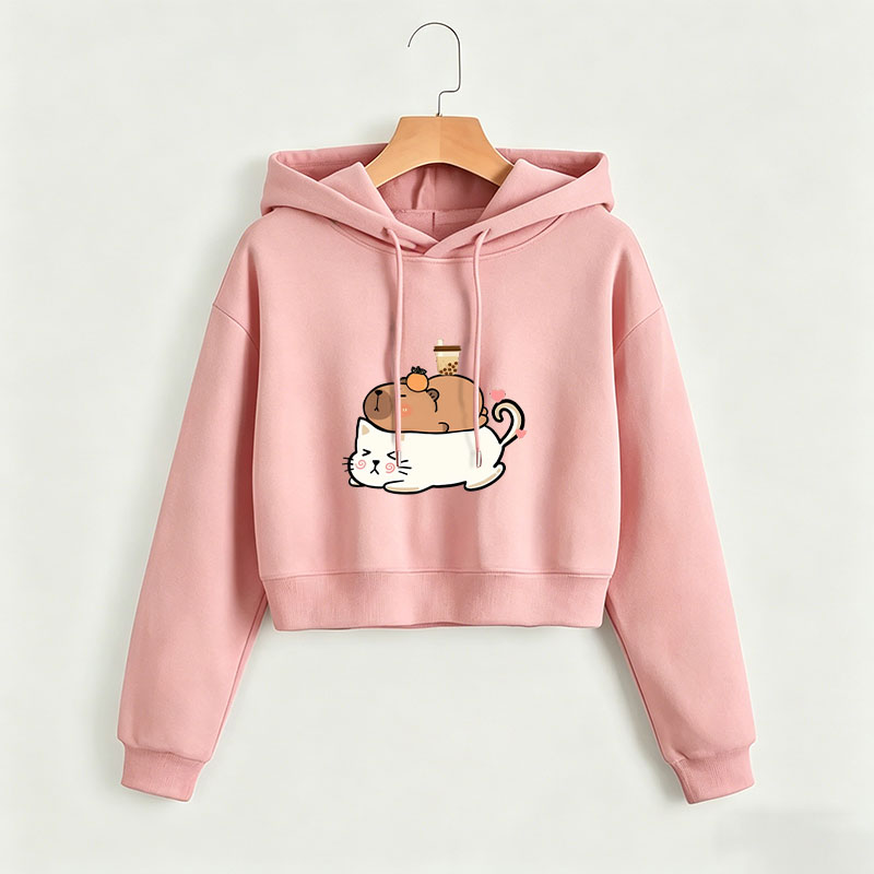 かわいい猫カピバラ付きスウェットシャツクロップトップパーカー Y2k スウェットゴシックカジュアルスタイルの服プルオーバー