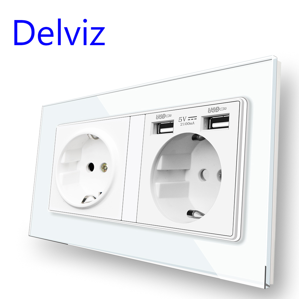 Delviz 強化ガラスソケット、EU 標準ソケット、146mm x 86mm クリスタルパネル、2A デュアル USB 充電ポート、16A 電源壁 USB ソケット
