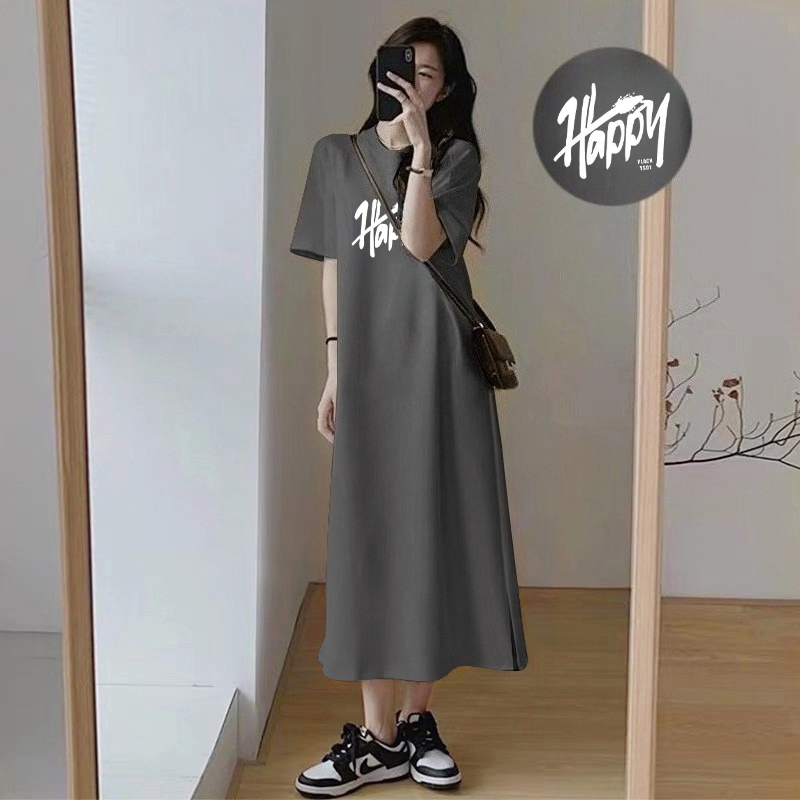 女性ハッピーレタープリントサイドスリット Tシャツドレスカジュアルルーズ半袖ロングマキシドレス夏の日常着
