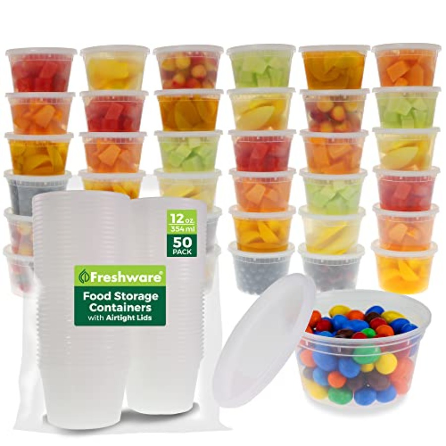 食品保存容器 [50個セット] 12オンス プラスチック デリ容器 蓋付き スライム スープ 食事準備容器 BPAフリー 積み重ね可能