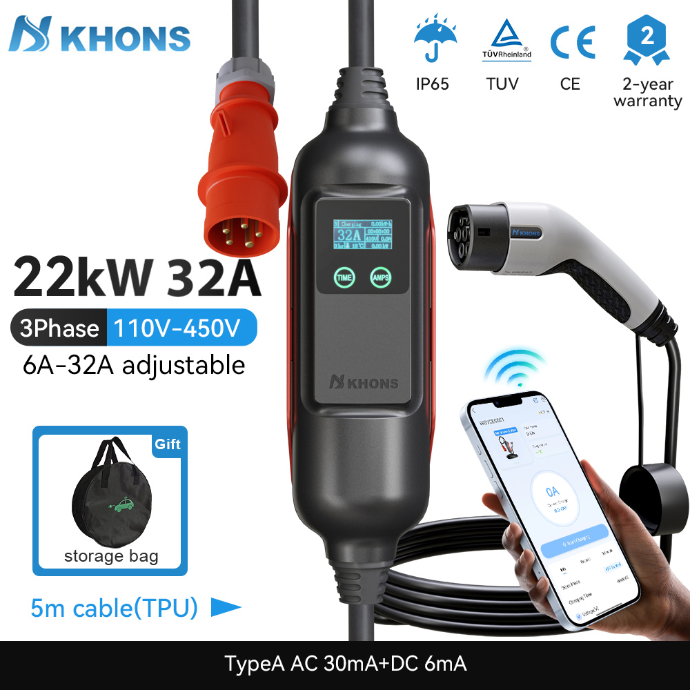 Khons ポータブル EV 充電器 Type2 32A 22KW EVSE 3 相充電器赤 CEE プラグ EV 充電に適した WIFI-APP 制御 5 メートルケーブル