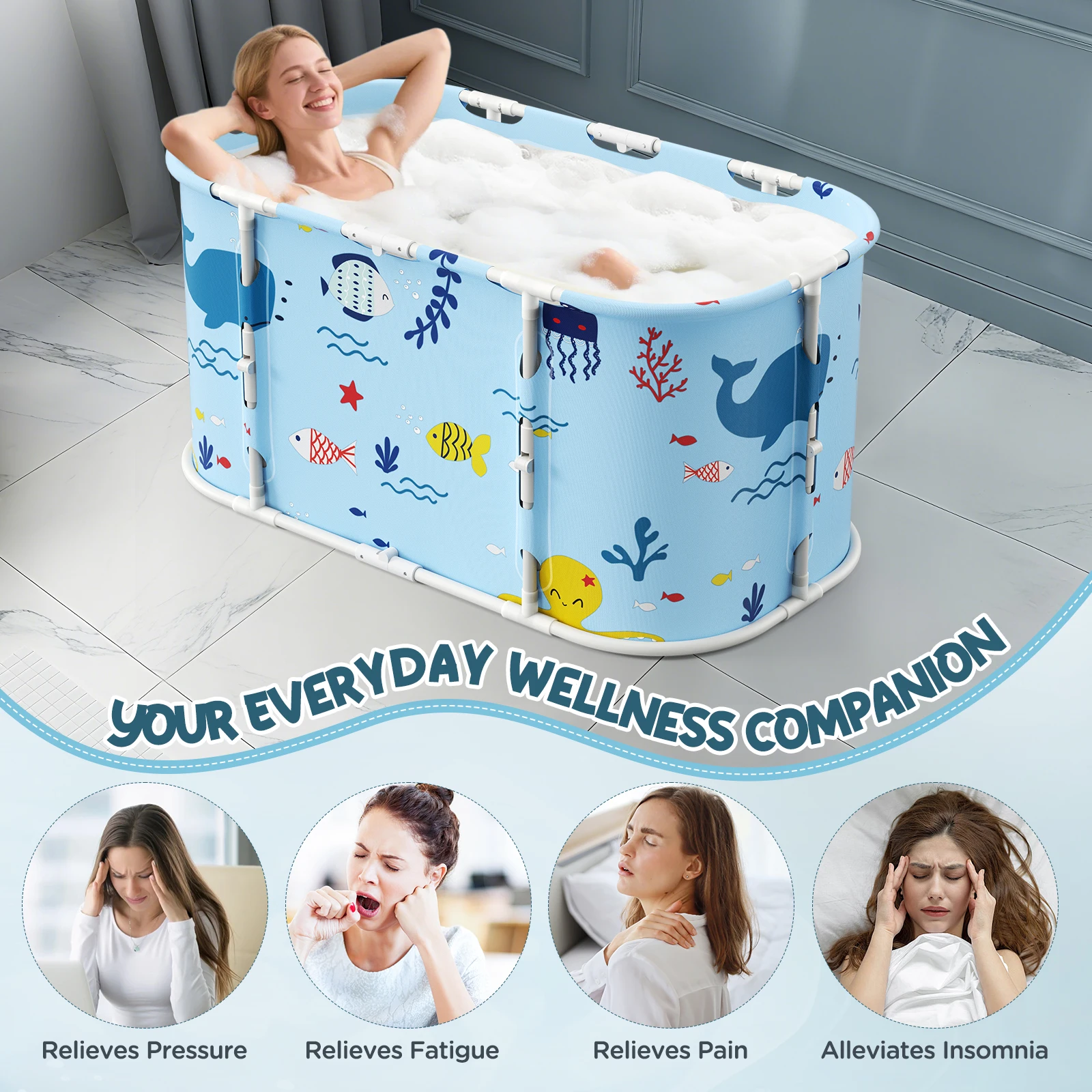 ポータブル折りたたみ式浴槽、110L x 60W x 52H cm、ホットシャワーとアイスバス用の浸漬浴槽、大人用自立式サウナ浴槽