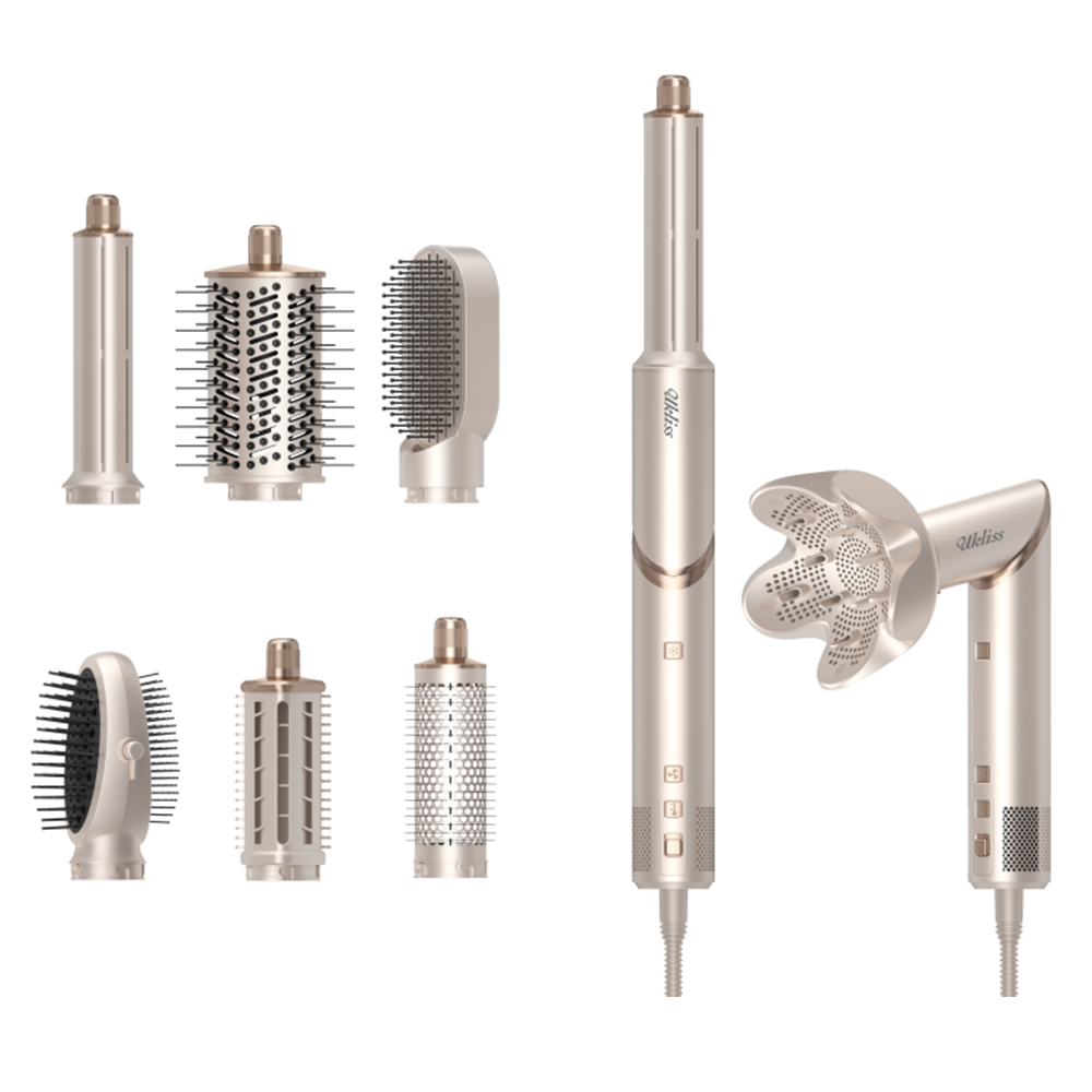 ヘアドライヤー 8 in 1 ヘアスタイラーツールコンプリートセットサロンブラシレスモーター 110000rpm プロフェッショナルブロワードライヤー、シャンパンカラー
