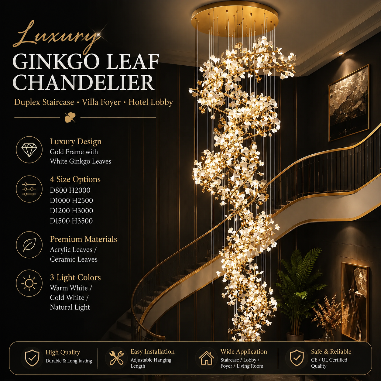 Luxury Ginkgo Leaf Staircase Chandelier Modern LED Pendant Light for Duplex Villa High Ceiling Hotel Lobby Foyer Lighting