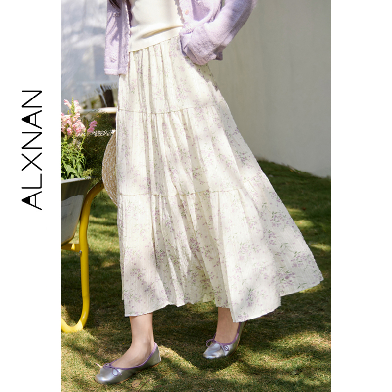 ALXNAN アプリコット花柄ミディスカート 2026 春ハイウエストロング A ライン女性のスカート弾性ウエストエレガントな女性服 L61613
