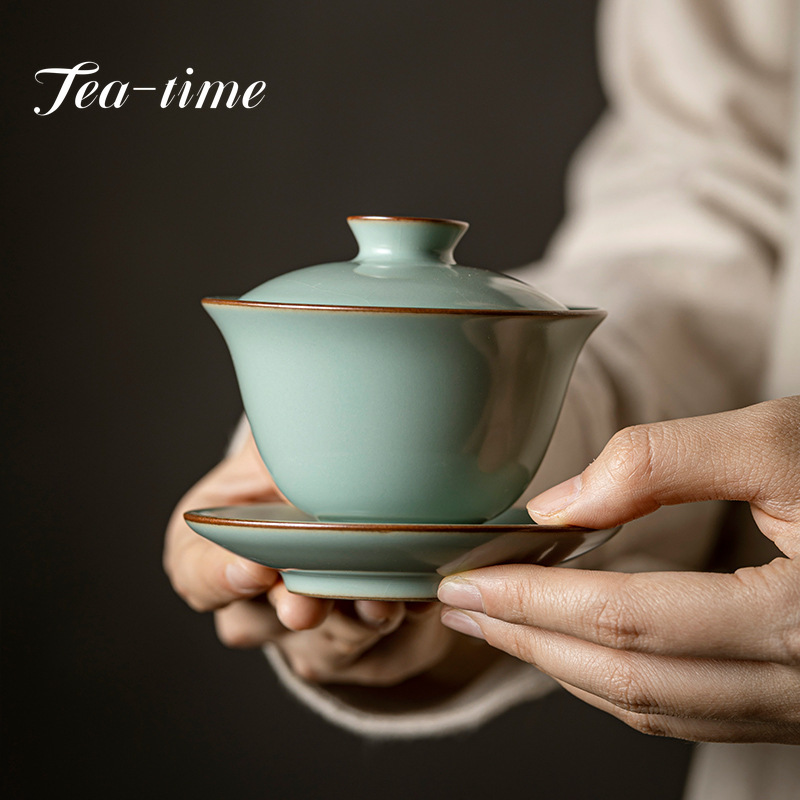 120 ミリリットルレトロ紺碧磁器茶 Tureen Ru 窯 Sancai カバーボウル家庭用ティーメーカーカップソーサー上げることができるカンフーティーセットギフトボックス