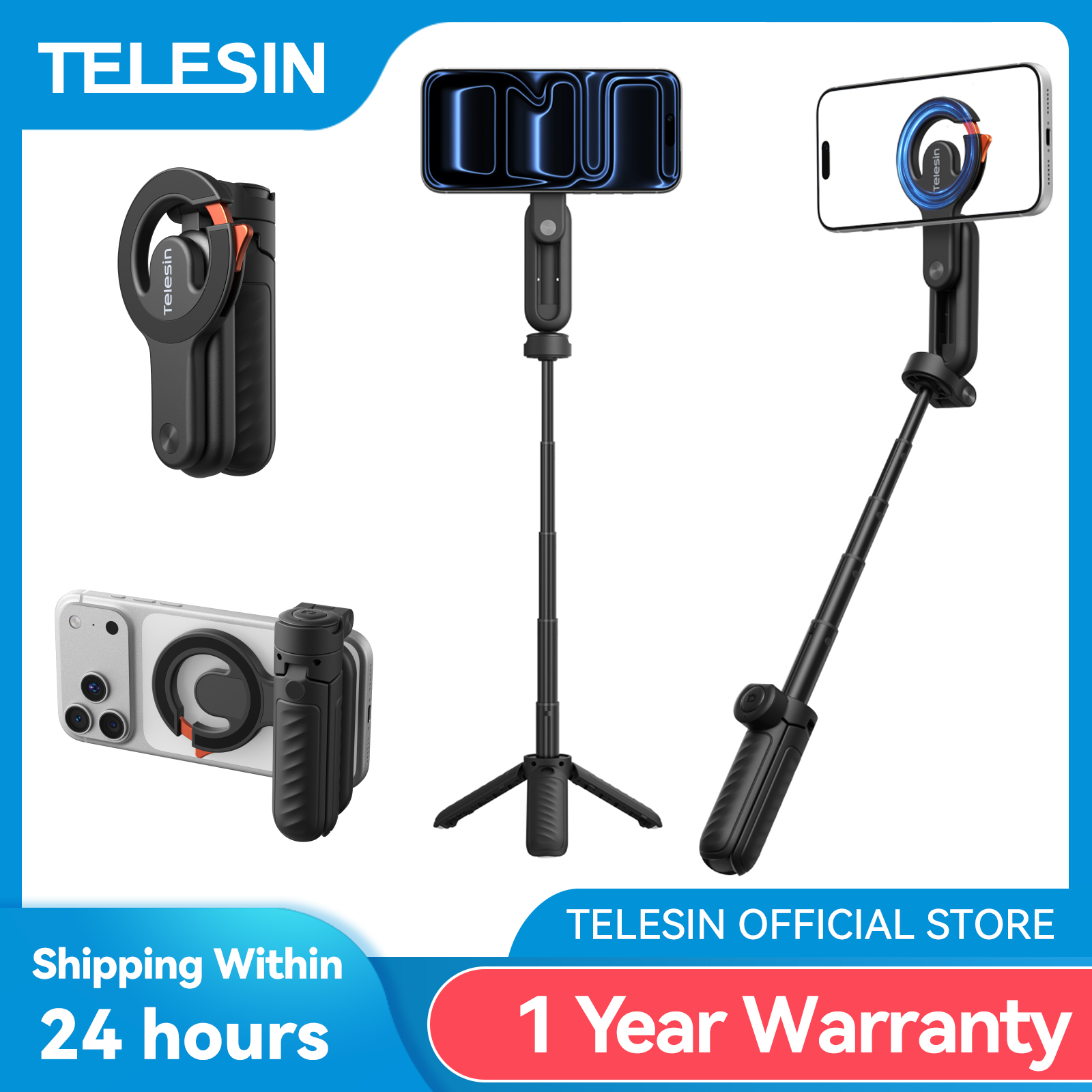 TELESIN ミニ磁気カラビナワイヤレス撮影補助リモコンハンドグリップ電話ホルダー Selfie スティック三脚スマートフォン用