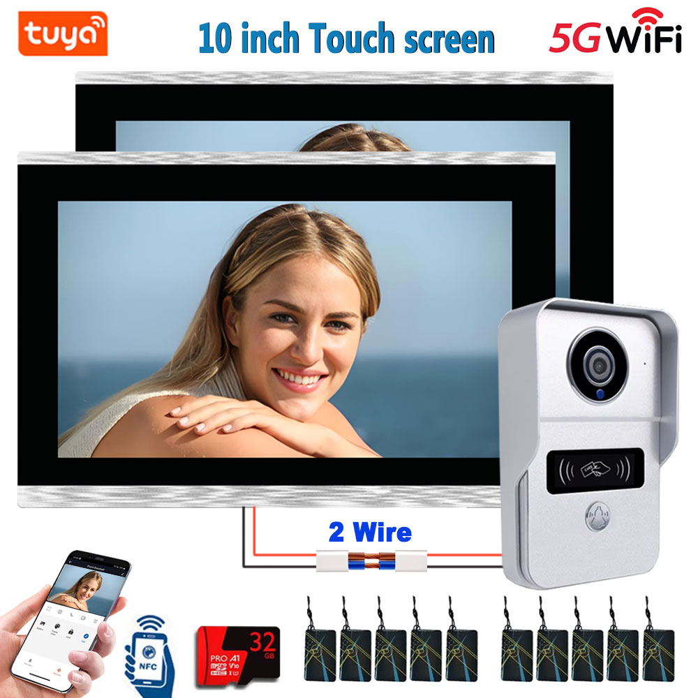 1080P 5G WiFi 2 ワイヤー Tuya スマートビデオドアベル 10 インチタッチスクリーン 32G ビデオドアホンインターホン IC カード NFC APP ロック解除 1V1/1V2