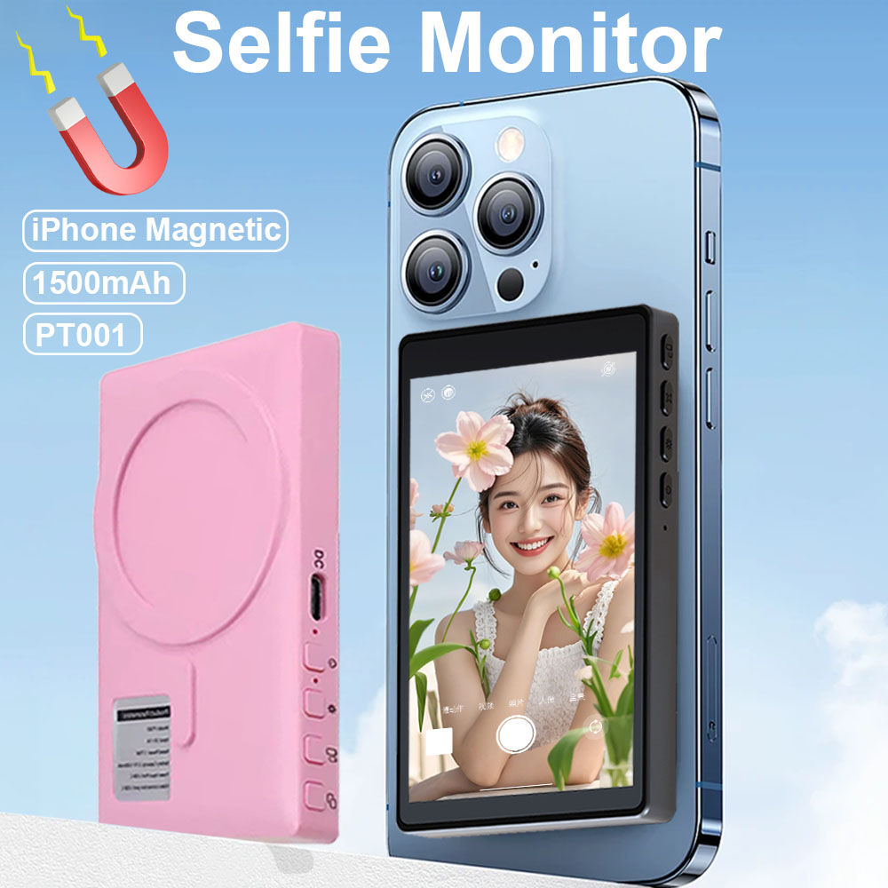 新しい磁気 Selfie モニター iPhone スマート Vlog Selfie スクリーンモニターリモコン付き 1500mAh パワーバンクピンク/ホワイト/ブラック