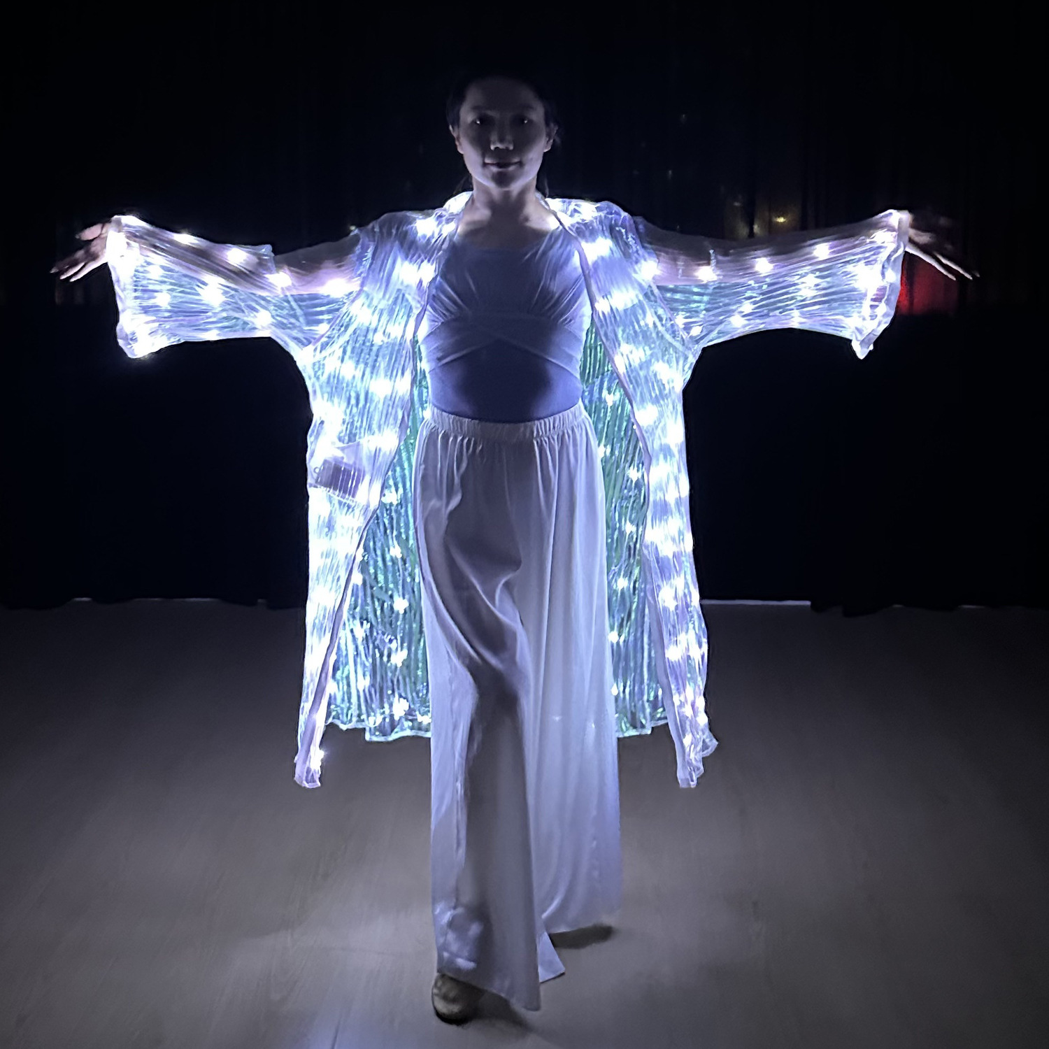 白色 LED グローコスチューム ベリーダンス バタフライ ウィング ファン - パフォーマンス カーニバル パーティー ダンス用の光るライトアップ服