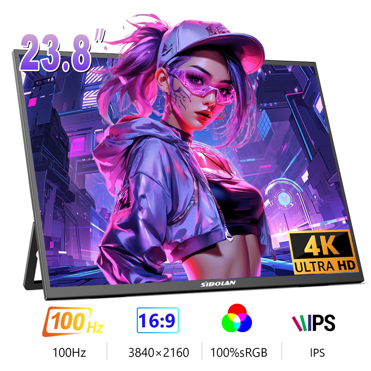 SIBOLAN 23.8 "4K ポータブルモニター UHD 3840*2160 100%sRGB 外部ゲーム画面 USB C LS スタンド VESA ミニ PC ラップトップ MAC 用