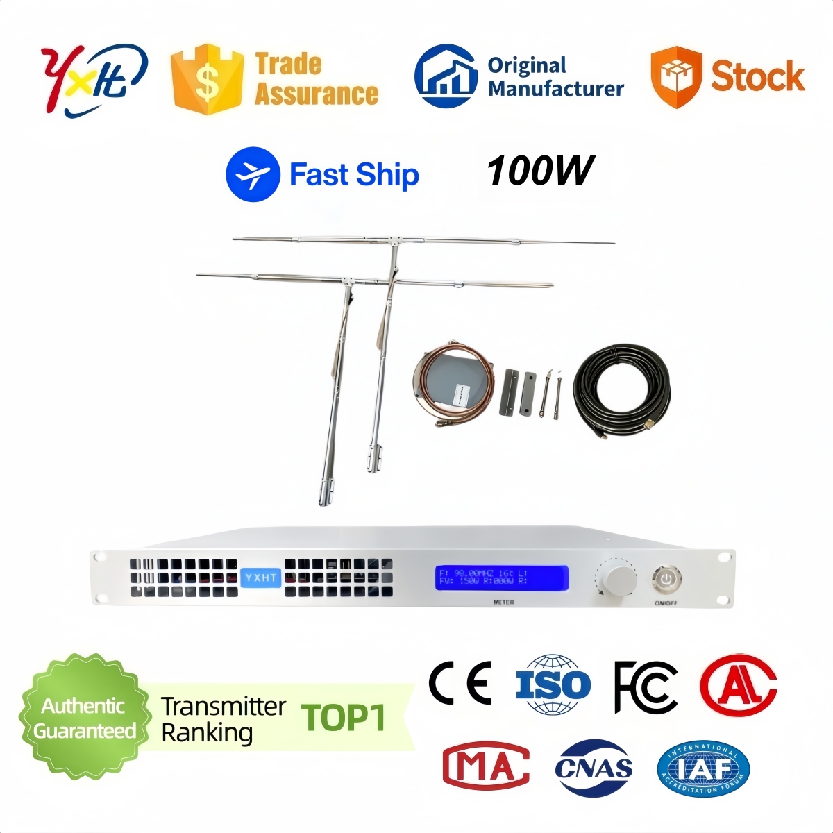 YXHT 100W FM Transmitter Complete Kit with 2-Bay Dipole Antenna & 30m Feeder Cable for FM Radio Station Studio Transmission