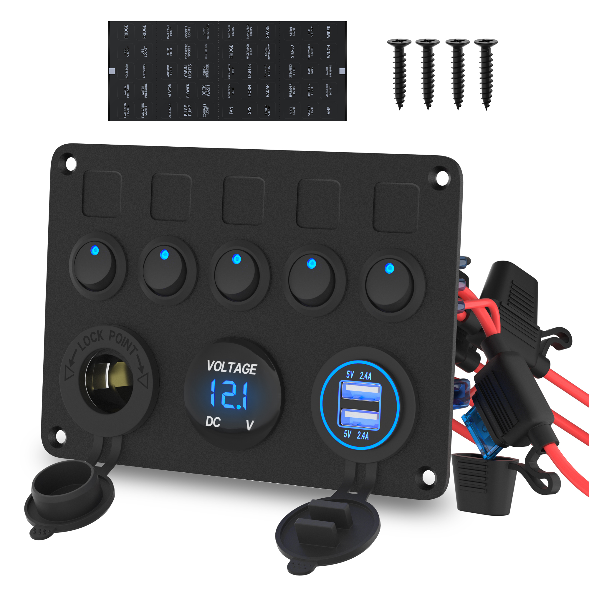 DaierTek 5 ギャングボートスイッチパネル防水車のスイッチパネル 2.4A デュアル USB ポート 12V アウトレットデジタル電圧計ブルー LED 自動車用