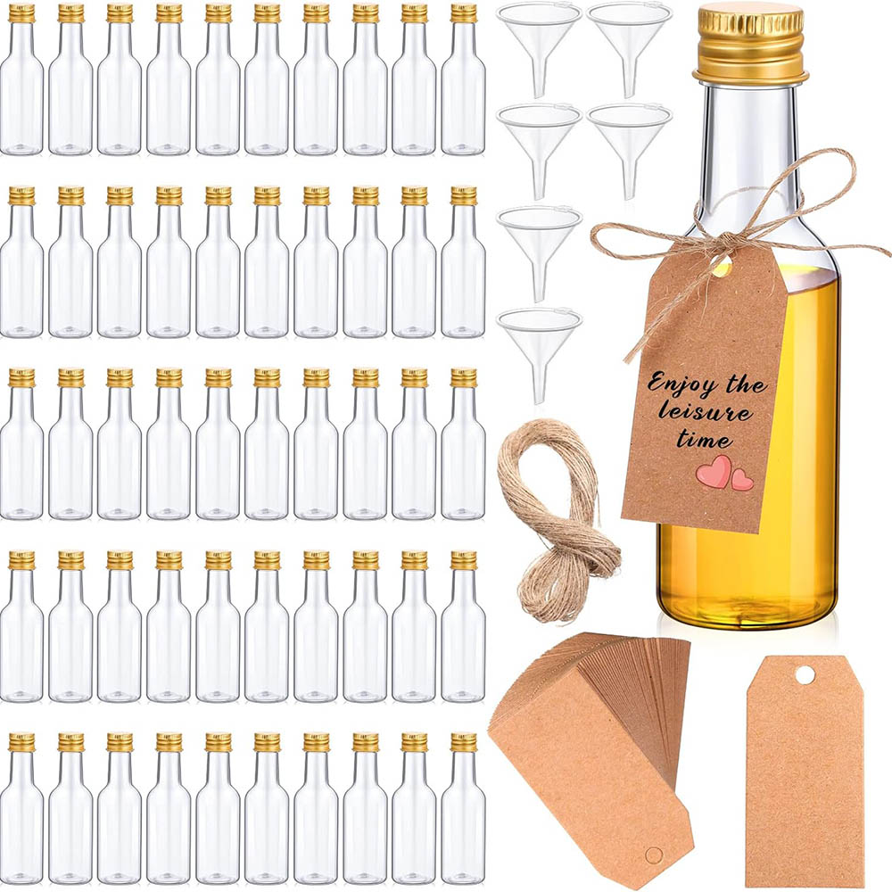 1.7オンスのプラスチックスピリットボトルミニ酒ボトルセット、キャップ付きミニプラスチックアルコールショットボトル、じょうご、パーティー用クラフトタグ