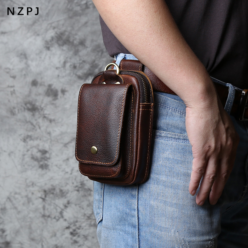 NZPJ 本革メンズウエストバッグトップレイヤー牛革ファッションフックバッグレジャーベルトバッグタバコボックス 6.5 インチ携帯電話バッグ