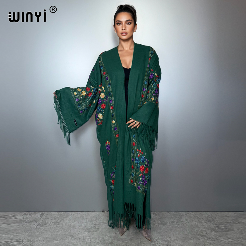 WINYI 冬カーディガンタッセル刺繍ロングコートイスラム教徒の女性のドレスローブアバヤドバイ高級中東女性着物