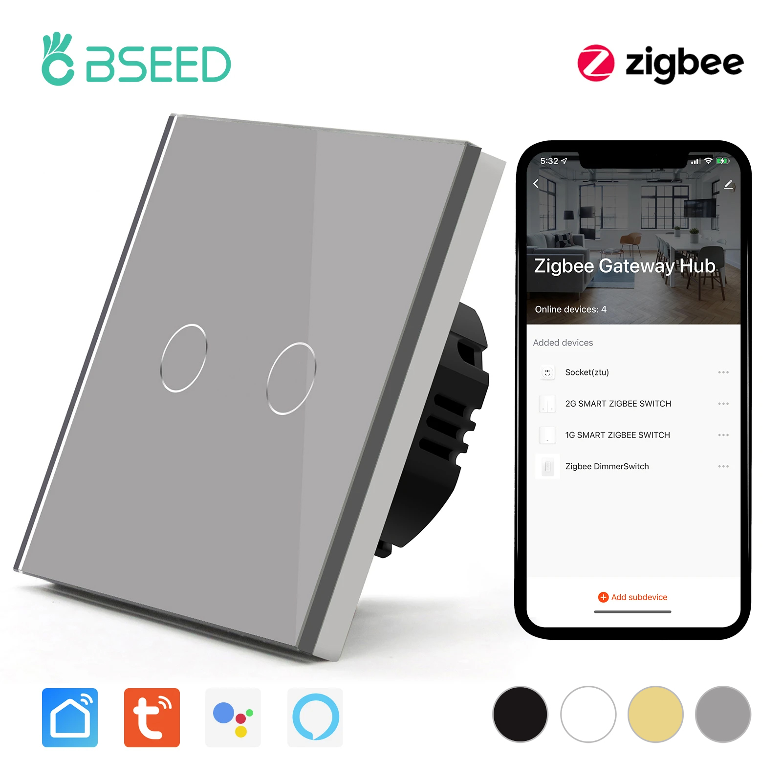 BSEED Zigbee タッチスイッチ 1/2/3Gang 1Way スマートライトスイッチセンサー壁スイッチ Tuya コントロールスマートライフアプリ Google Alexa