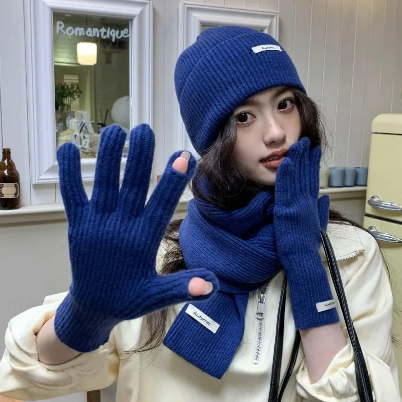 無地タッチスクリーン手袋女性韓国秋冬暖かいニット 3 点セットスカーフ手袋帽子女性の手袋セット
