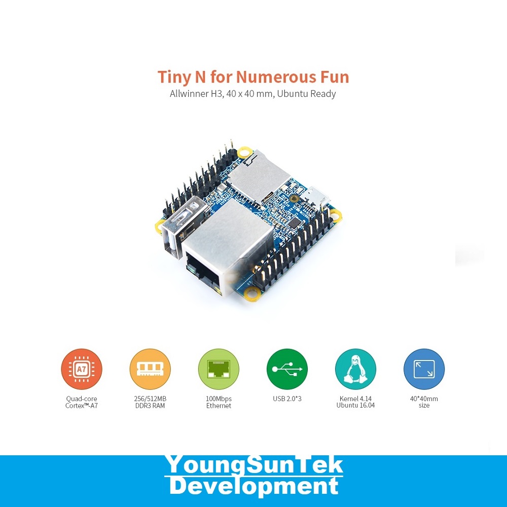 NanoPi Neo (256M/512M RAM)LTS Allwinner H3 Quad Cortex-A7、1.2GHz、USB2.0、100M Ethernet、OpenWRT、Ubuntu Linux Armbian DietPi Kali