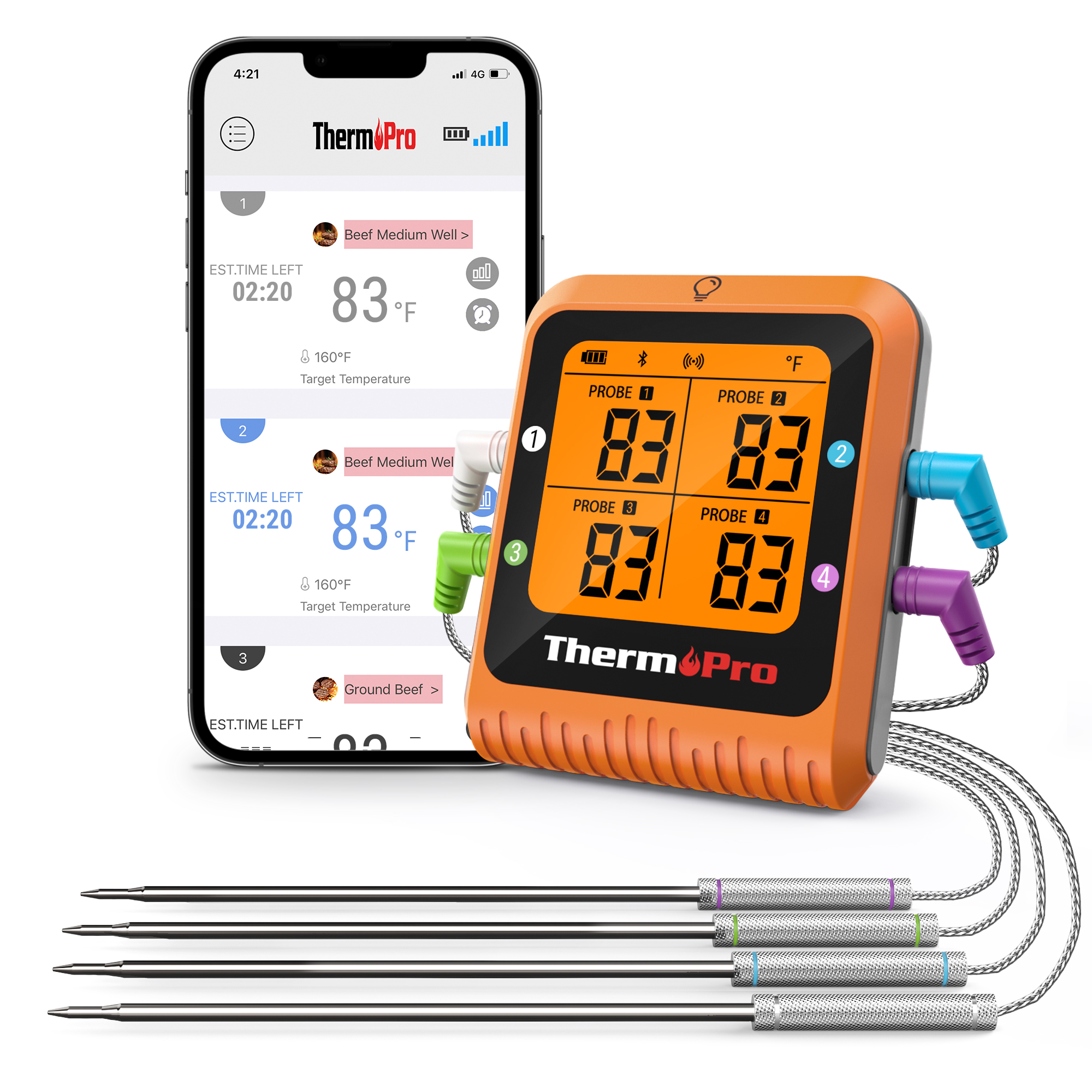 ThermoPro TP930 ワイヤレス 200 メートル Bluetooth 充電式バーベキューグリルキッチンデジタル温度計 4 プローブ付き肉オーブン用
