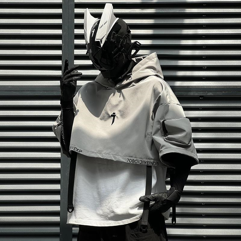2024 ヒップホップパンク Techwear ショートジャケットフード付きマント男性女性マルチポケット機能プルオーバージャケットストリートカジュアルコート